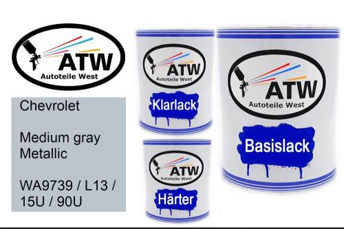 Chevrolet, Medium gray Metallic, WA9739 / L13 / 15U / 90U: 1L Lackdose + 1L Klarlack + 500ml Härter - Set, von ATW Autoteile West.